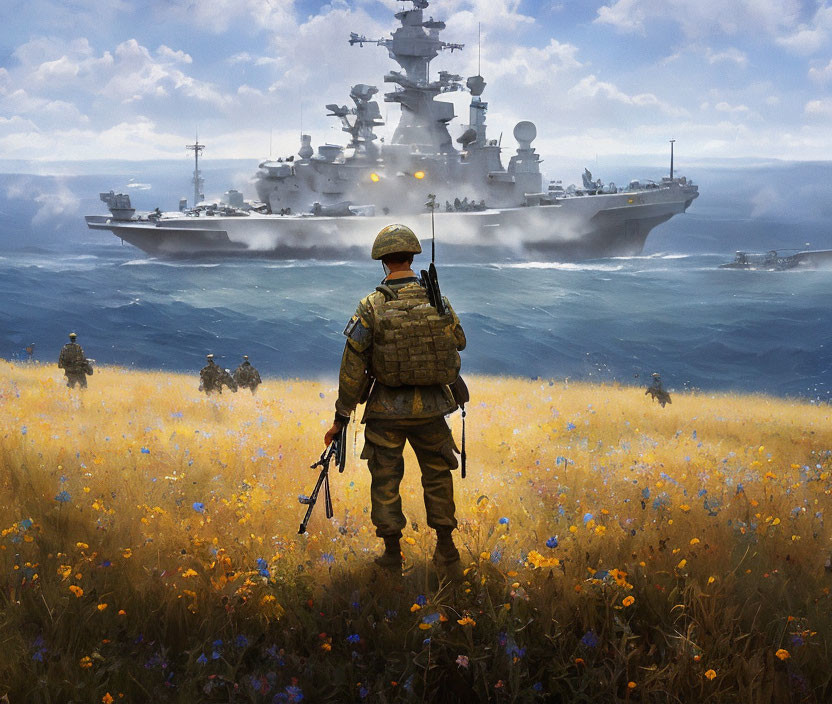 Soldier with rifle in flower field overlooking battleships at sea