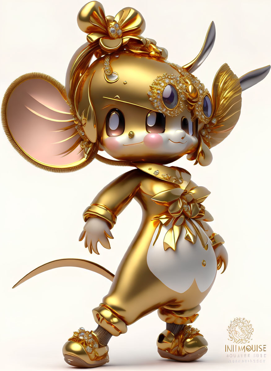 Golden anthropomorphic mouse character with bows, floral patterns, and gemstones standing cheerfully
