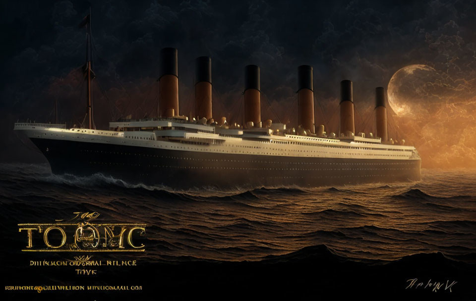 Digital Artwork: Titanic at Sea with Full Moon & Dramatic Sky