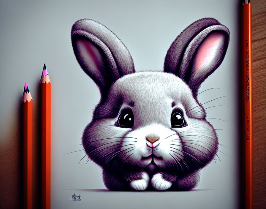 Hyper-realistic drawing of cute grey and white bunny with pencils on wooden surface