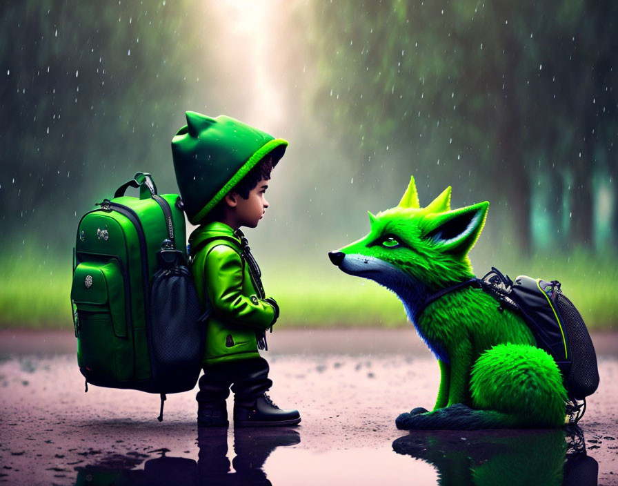 Child in green raincoat meets fox-like creature on rainy path