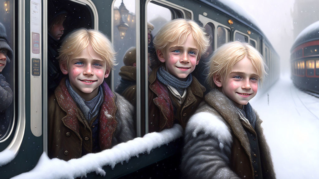 Three Blonde-Haired Children in Winter Attire on Vintage Train Car Window