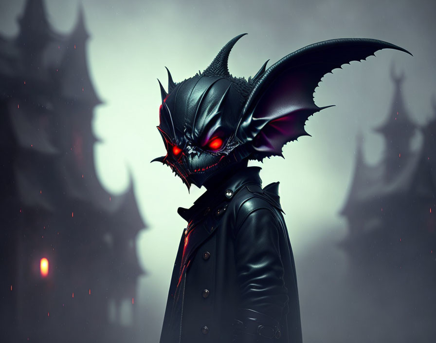 Menacing character with black dragon-like mask and red eyes in gloomy setting