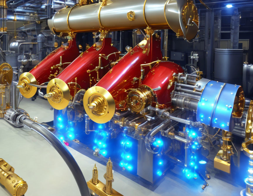 Vibrant red and gold industrial machinery with blue lights