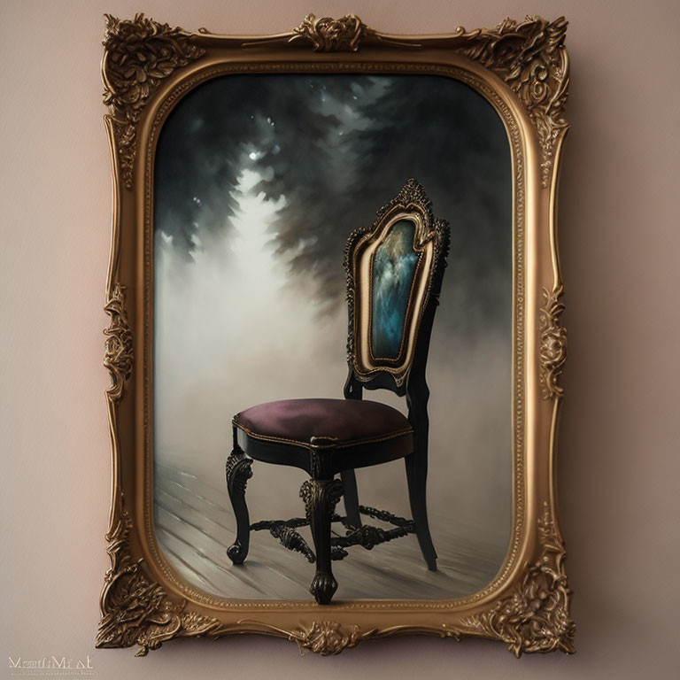 Vintage chair painting with misty forest background