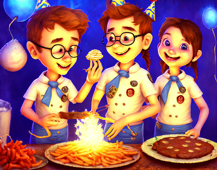 Animated children in scout uniforms prepare food at a party with cupcake and grill flame.