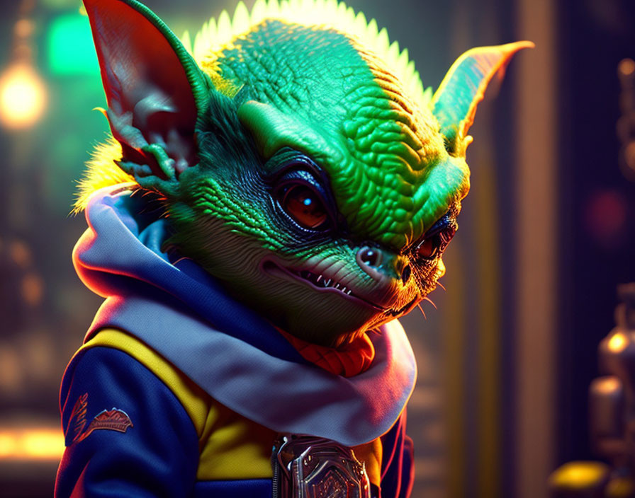 Detailed Stylized Creature with Green Skin and Large Ears in Colorful Jacket