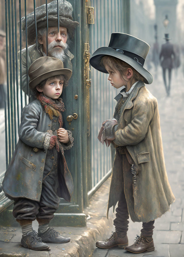 Elderly man with two children in 19th-century attire by metal gate on cobbled street