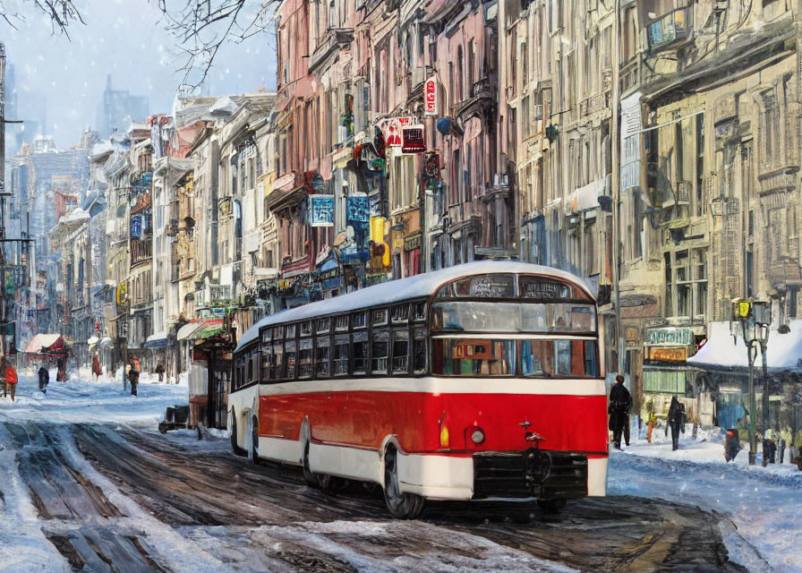 Vintage red tram in snowy historic street with clear wintry sky