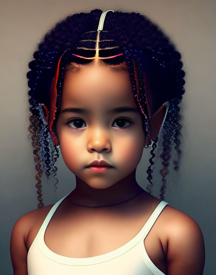 Young girl with braided hair and beaded adornments in white tank top gazes forward.