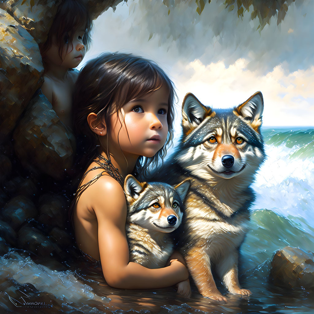 Young girl with two wolves by water's edge under sunlight-filtered trees