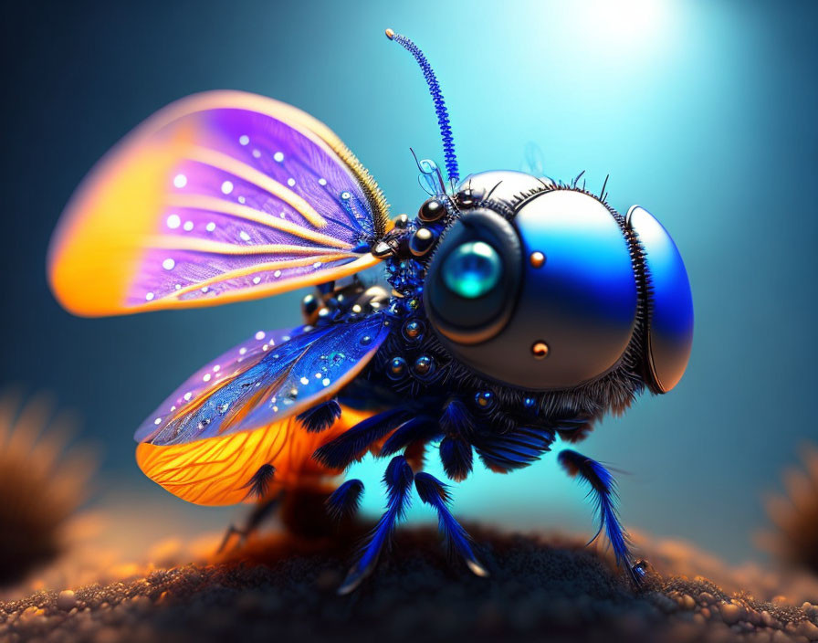 Colorful Fantasy Insect with Iridescent Wings on Blue Background