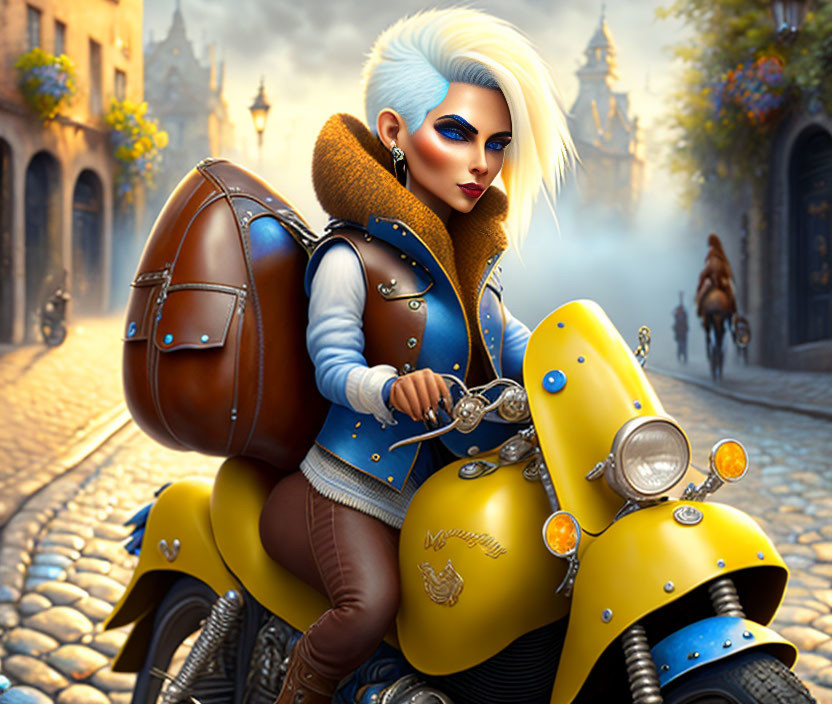 Animated woman with white-blue hair on yellow scooter in cobblestone street.
