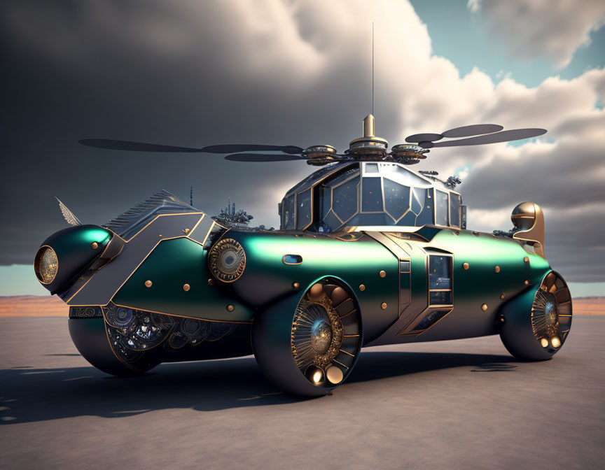 Futuristic green vehicle with large wheels and propellers on desert backdrop