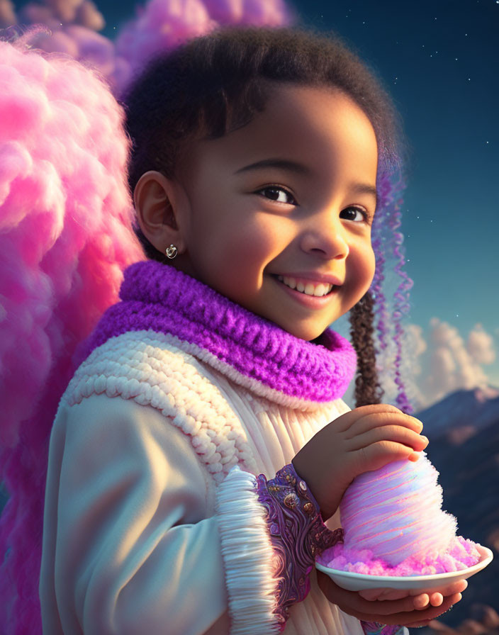 Curly-haired girl with cotton candy in whimsical sky setting