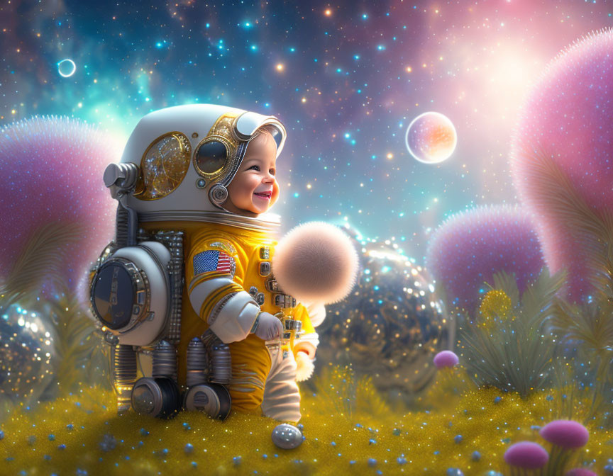 Toddler astronaut plays with bubbles in alien plant setting
