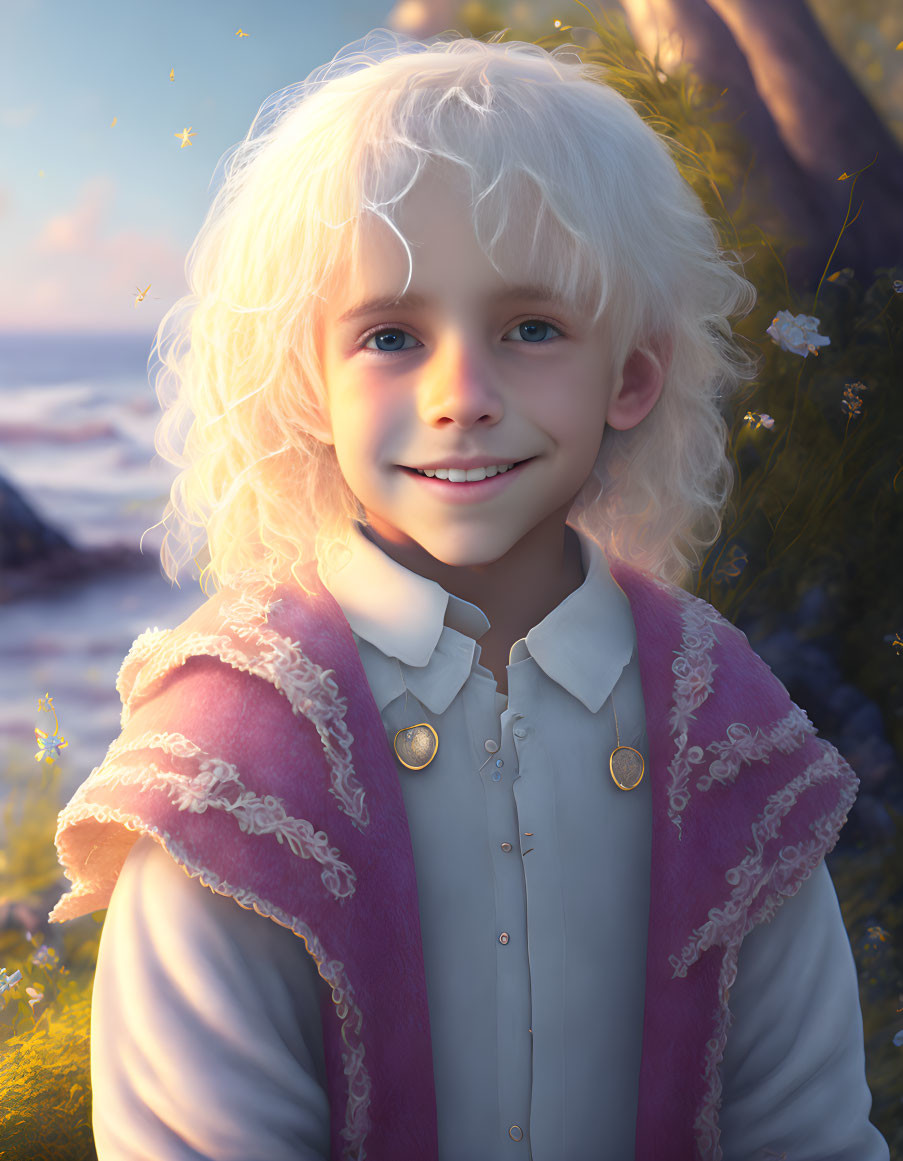 Young child with blonde curly hair in fantasy setting with butterflies and serene nature.