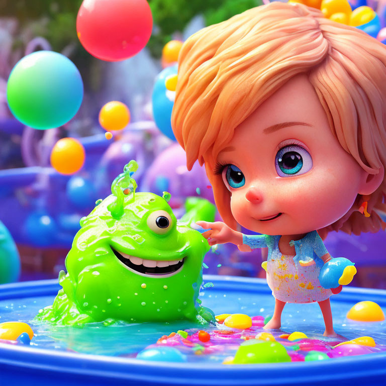 Young girl with blonde hair and green slime creature in colorful pool
