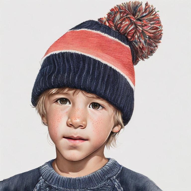 Young child with freckles in striped beanie with pompom.