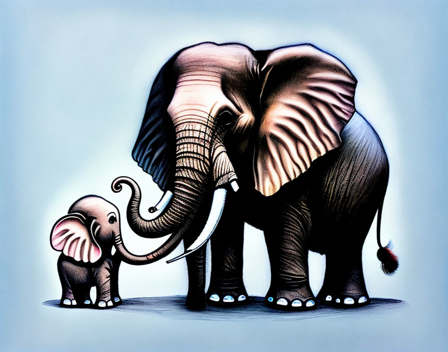 Two elephants illustration in gradient style on blue backdrop