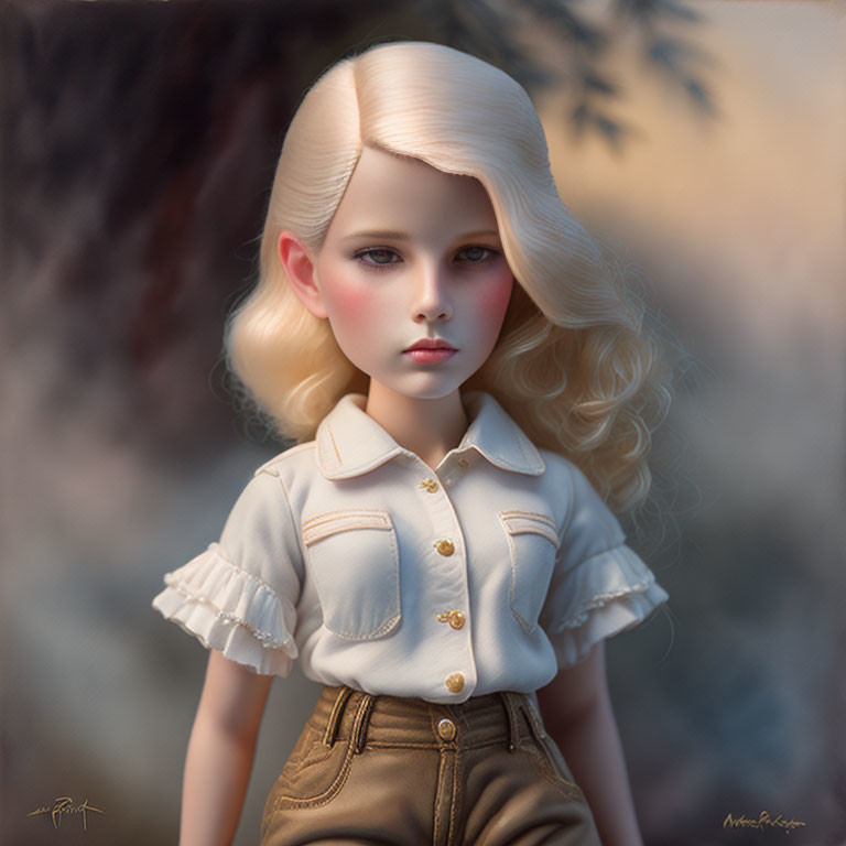 Realistic blonde doll portrait with wavy hair and cream shirt