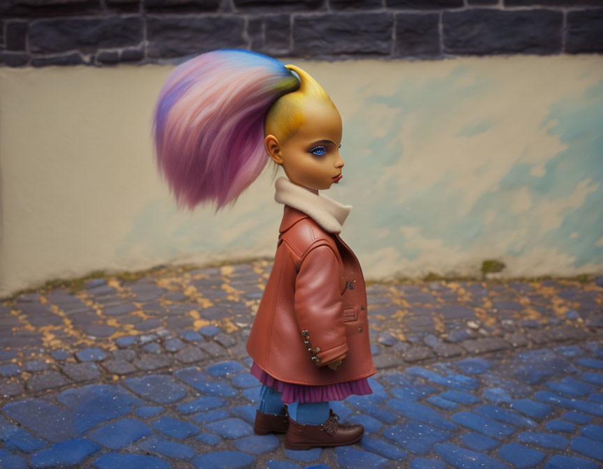 Colorful Mohawk Doll in Leather Jacket and Boots on Cobblestone Surface
