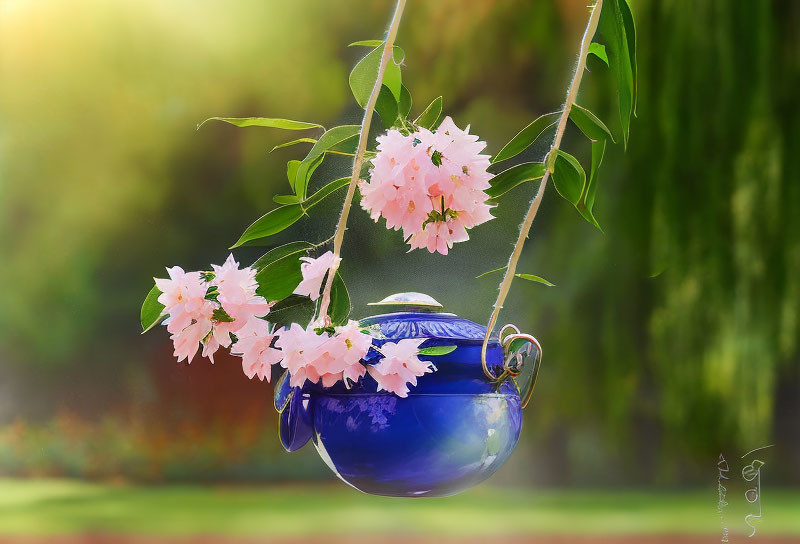 Blue Teapot Planter with Pink Flowers in Garden Setting