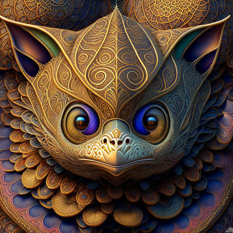 Highly Stylized Ornate Cat Face with Intricate Patterns and Blue Eyes