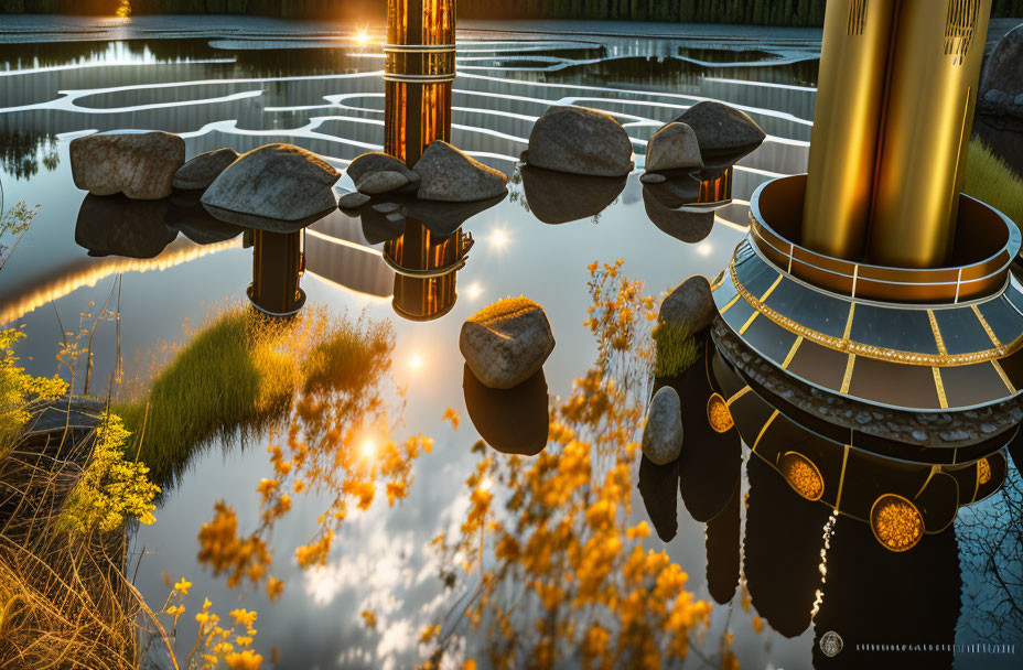 Golden Towers Reflecting in Tranquil Pond at Sunset