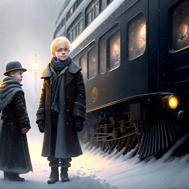 Snow-covered train station scene with two boys, classic train, glowing lamp post, and falling snowfl