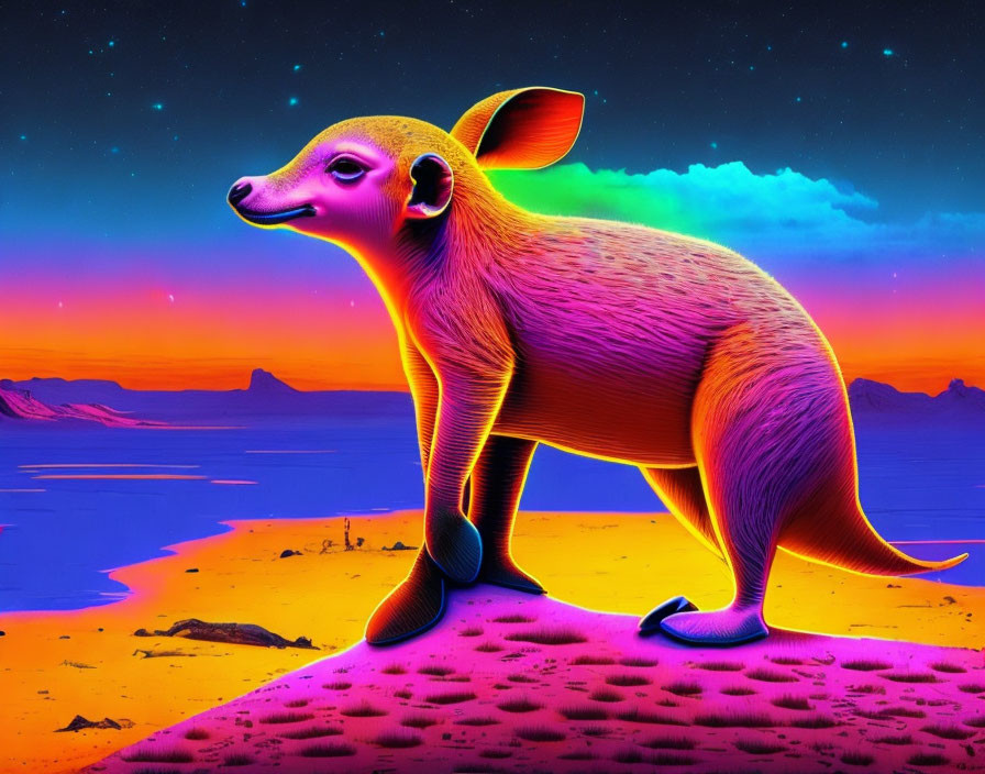 Colorful Kangaroo Illustration in Desert Landscape with Glowing Outline