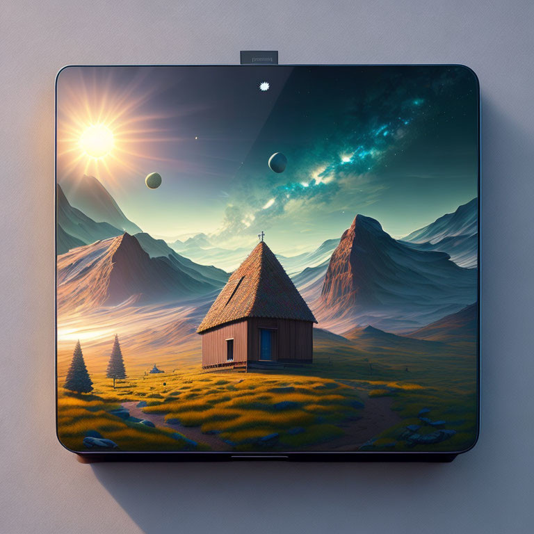 Surreal landscape with hut, mountains, and cosmic sky