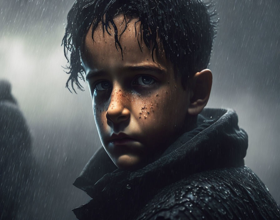 Young boy with wet hair and droplets gazes at camera in rainy setting