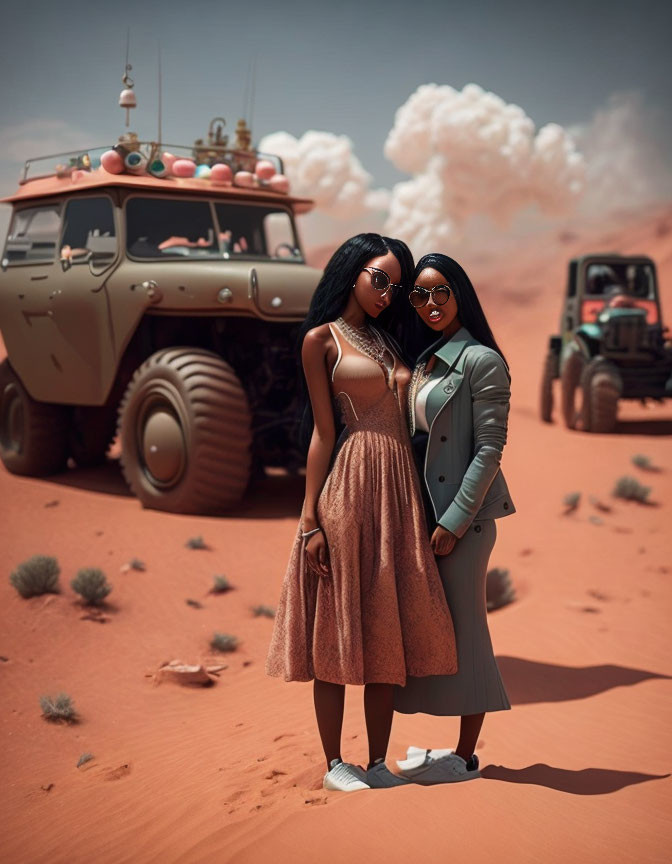 Two women in desert landscape with futuristic vehicles and green plants.