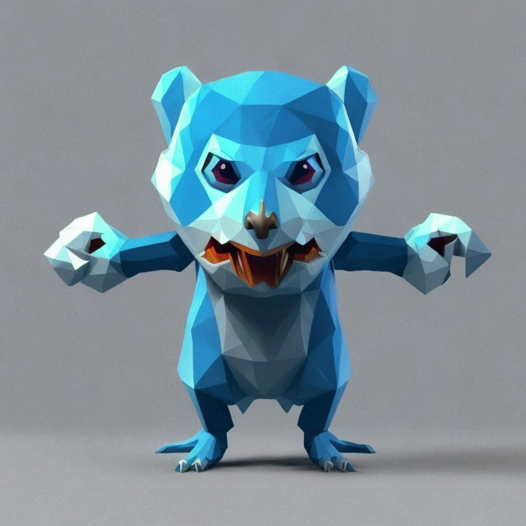 Blue Low-Poly Animated Bear Creature on Grey Background