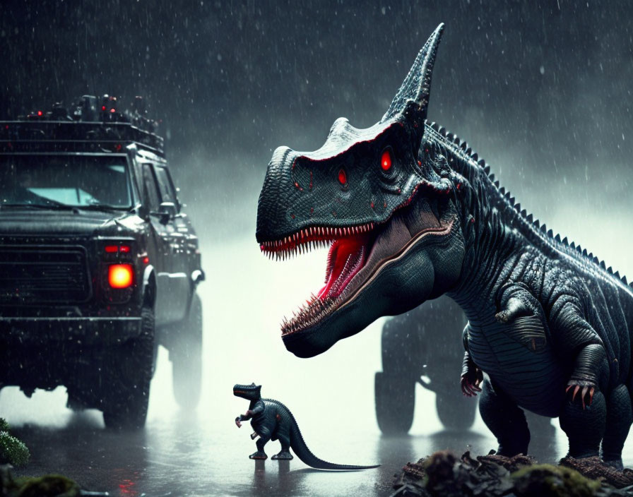 Menacing dinosaur with red eyes confronts smaller dinosaur in the rain