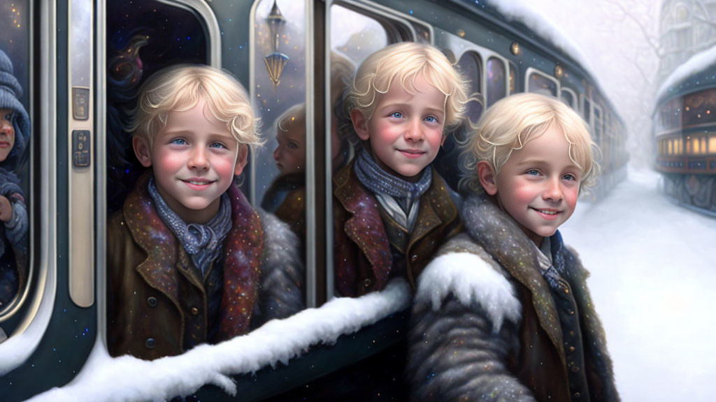 Smiling children in snowy train scene with winter wonder