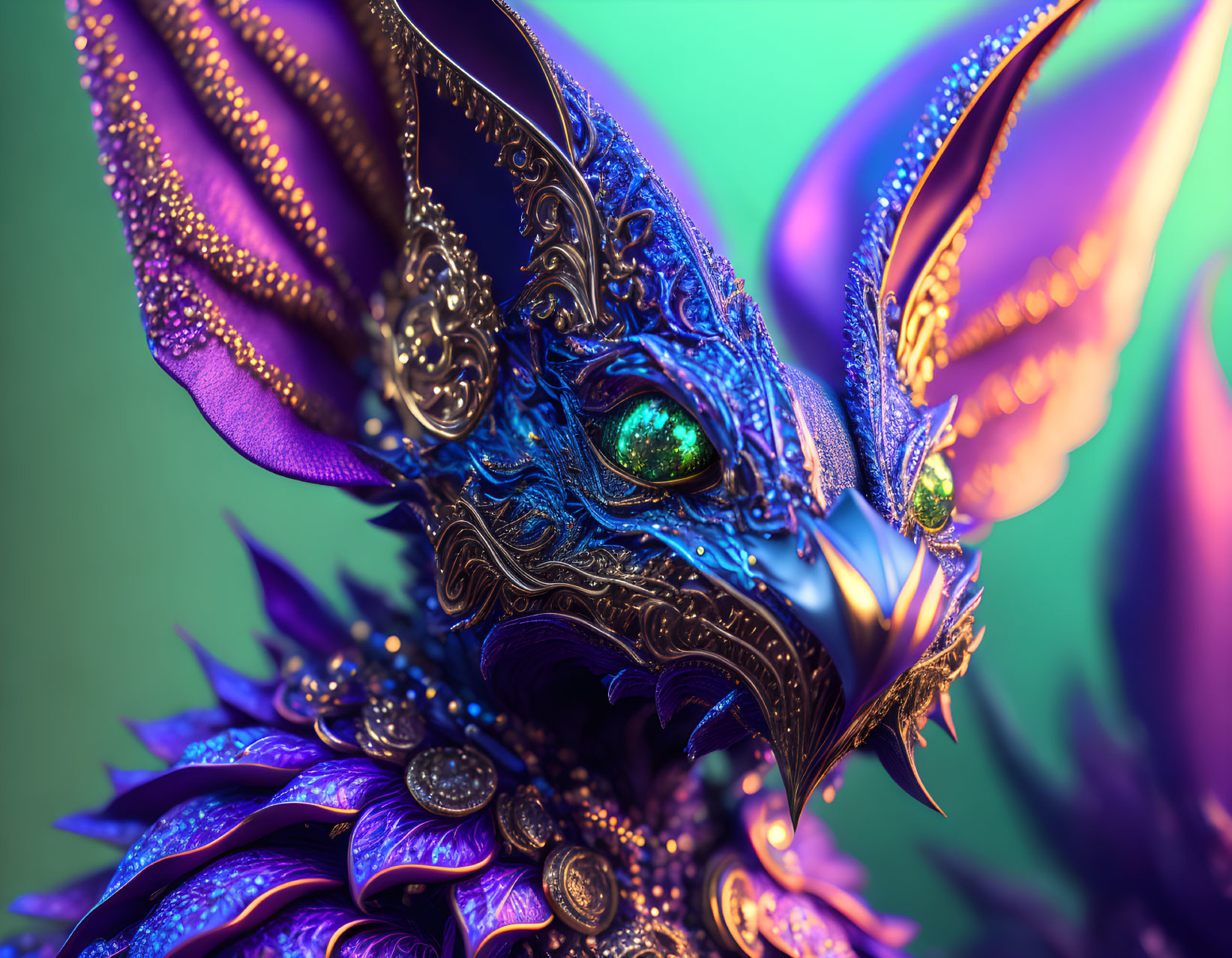 Detailed Metallic Dragon Sculpture with Vibrant Purple and Blue Patterns