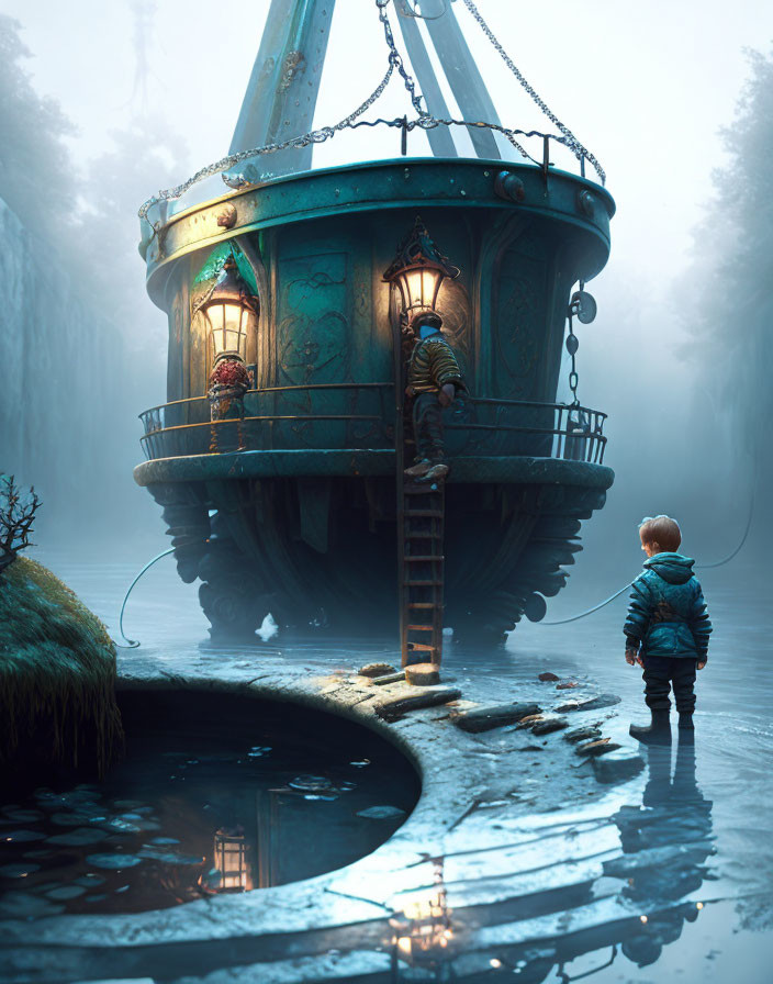 Child by water pit gazes at lantern-lit structure with ladder and figures in foggy cliffs