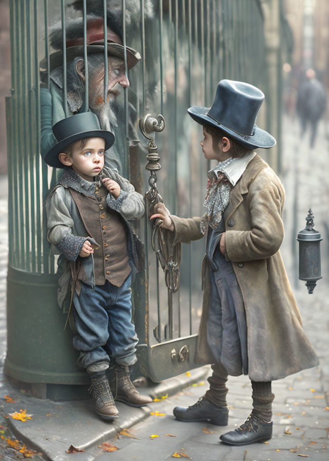 Vintage-dressed boys with keys, man behind bars on cobblestone street.