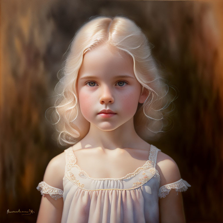 Blond Curly-Haired Girl in Light Dress Portrait