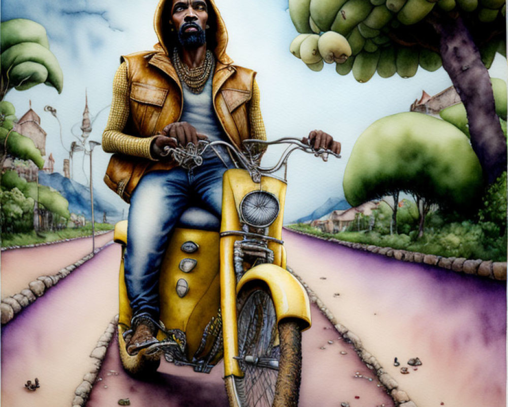 Colorful illustration of man with beard on yellow motorcycle on whimsical road