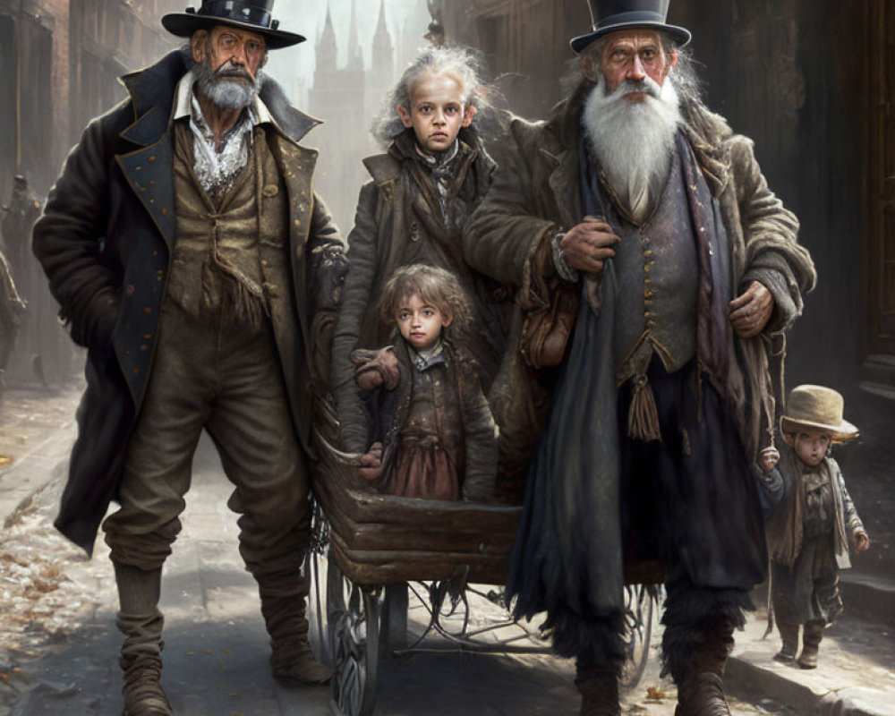 Victorian-themed group with bearded men in top hats and children with handcart in cobblestone