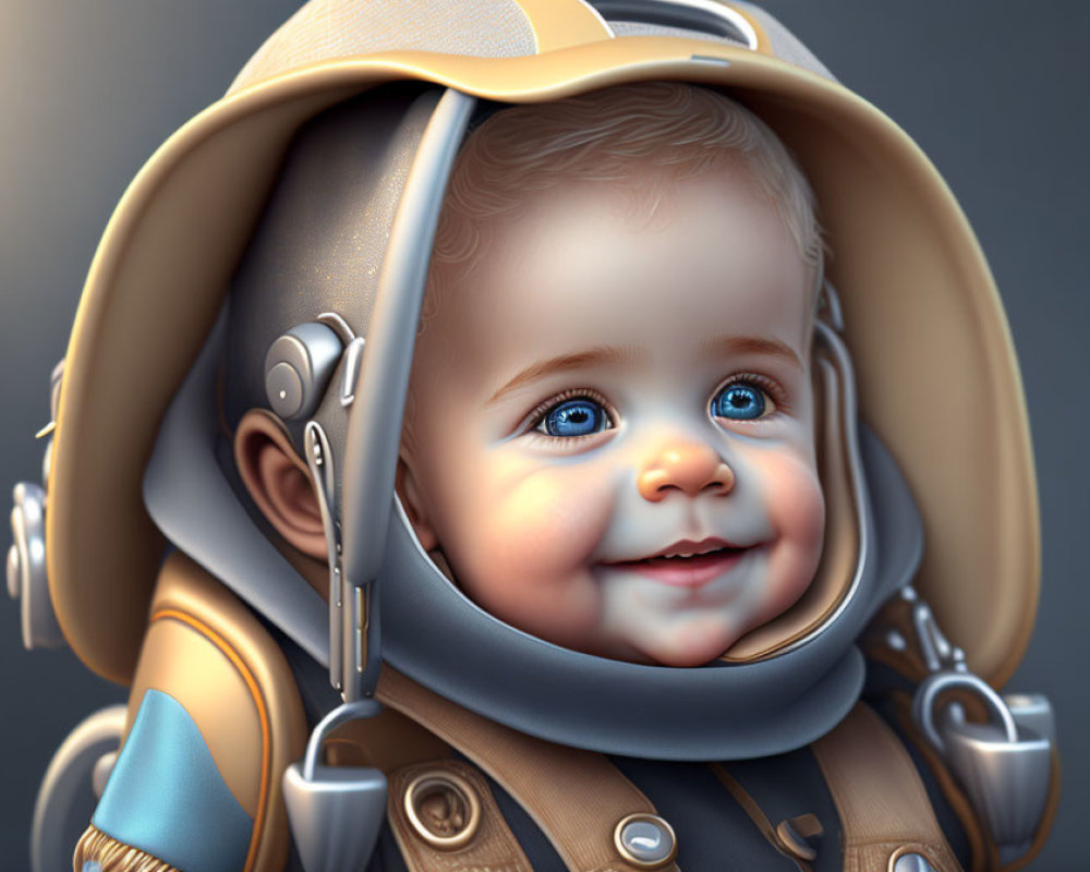 Smiling baby in astronaut helmet on grey background