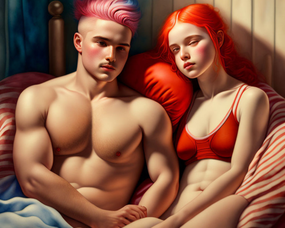 Stylized individuals with pink hair on bed with striped sheets in thoughtful pose