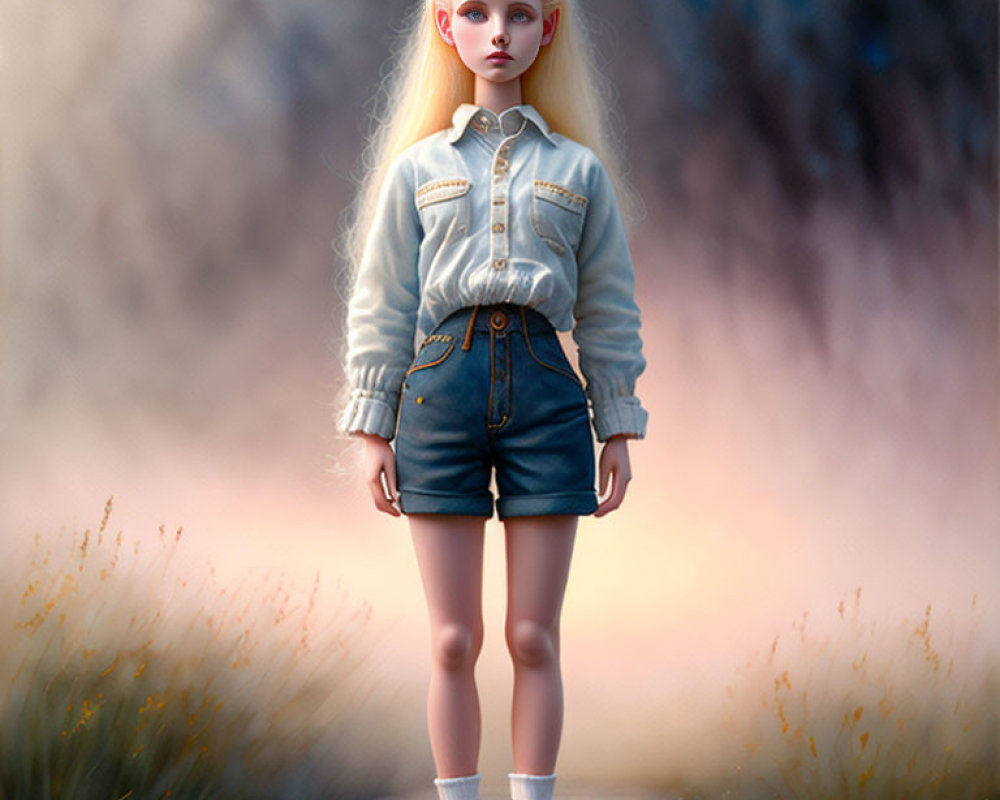 Blonde-haired doll in denim outfit on grassy pathway
