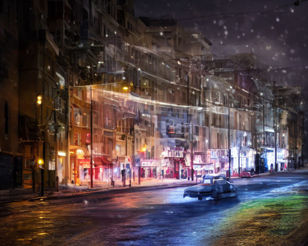 Snowy Night City Street with Colorful Reflections