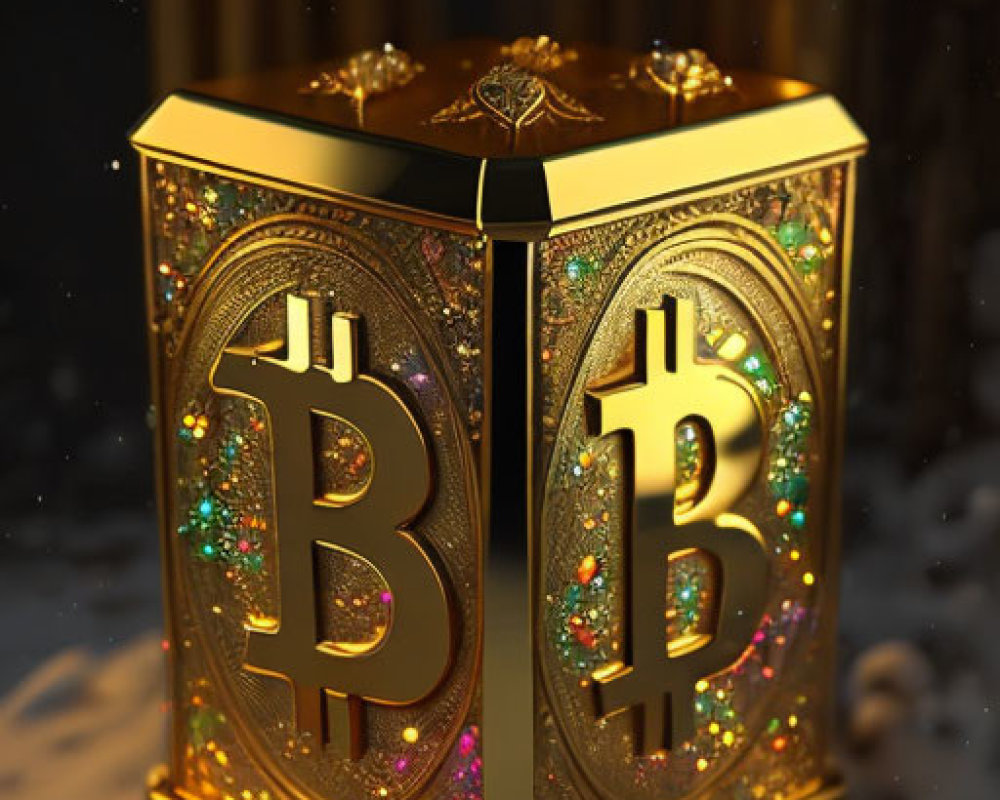 Golden Bitcoin Lantern Illuminated on Snowy Ground