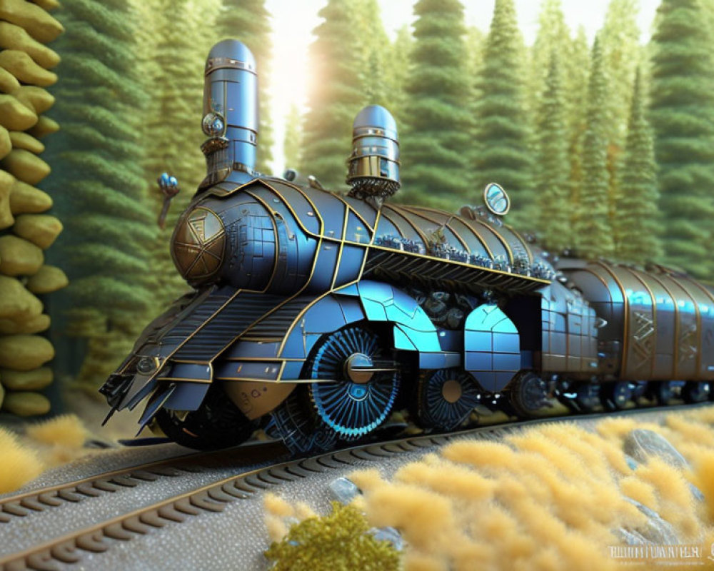 Fantastical blue steampunk train in forest setting on sunlit day