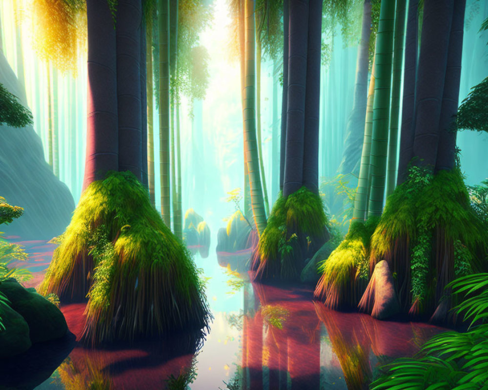 Tranquil forest scene with tall trees, sun rays, and serene water body.